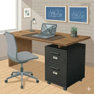 A spacious L-shaped wood desk with file cabinet providing ample workspace and storage.
