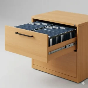 Open top drawer of a lateral two drawers file cabinet showing organized hanging folders.
