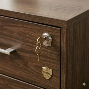 Close-up of the security lock mechanism on a dark wood 2 drawer file cabinet for document privacy.