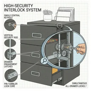A detailed illustration of the high-security central locking system on a 3 drawer office filing cabinet.