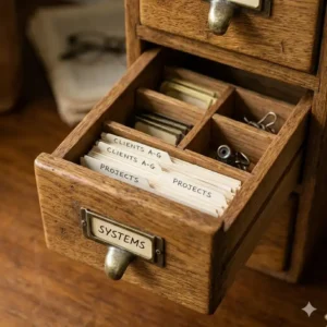 Illustration 3: An open drawer of a small wooden filing drawers unit showing neat internal dividers for index cards.