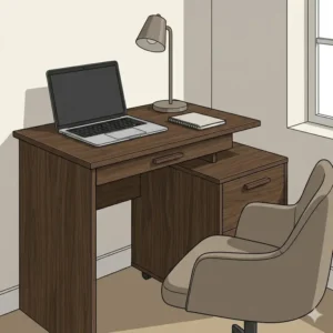 A compact workspace solution featuring a space-saving desk and matching file cabinet for small rooms.