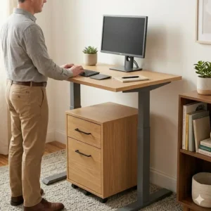 A compact apartment office solution featuring a small standing desk with file cabinet for maximized efficiency.