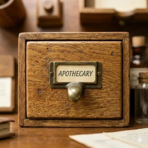 Illustration 4: Rustic apothecary-style small wooden filing drawers with antique brass label holders.