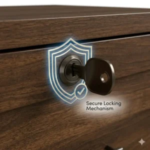 Secure dark wood filing cabinet 2 drawer model featuring a built-in lock and key for privacy.