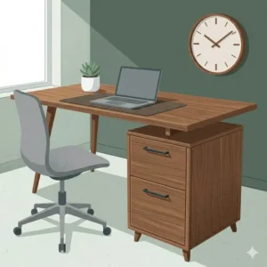 A mid-century modern walnut wood desk with file cabinet with elegant tapered legs.