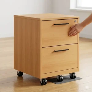 Portable version of a two drawers file cabinet equipped with heavy-duty caster wheels.