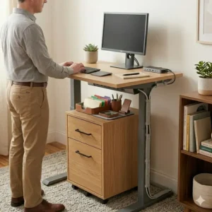 A tidy workspace showing a standing desk with file cabinet and integrated cable management systems.