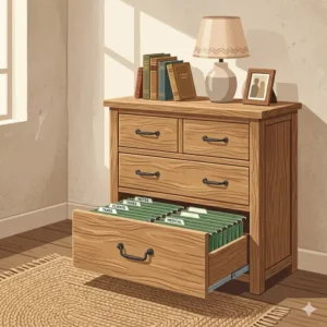 Rustic oak finish dresser with file cabinet illustration showing natural wood grain and vintage handles.