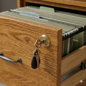 A secure locking mechanism integrated into home office filing cabinets wood for protecting private files.