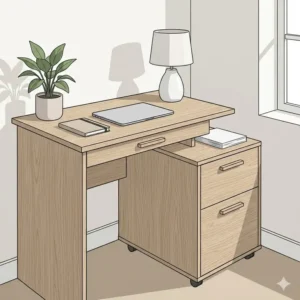 A bright and modern office interior with a light white oak desk and matching file cabinet.