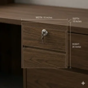 A compact dark wood 2 drawer file cabinet tucked neatly under a standard height office desk.