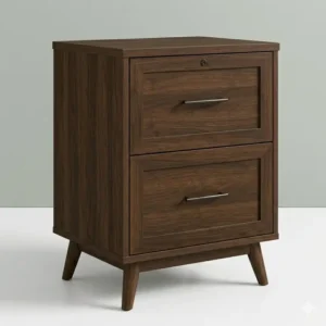 Mid-century modern style dark wood filing cabinet 2 drawer with tapered legs.