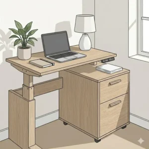 Illustration of an ergonomic height-adjustable desk and matching file cabinet for a healthy workspace.