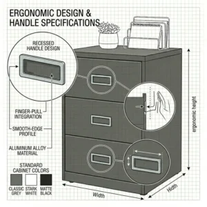 A close-up view of the ergonomic recessed handles on a professional 3 drawer office filing cabinet.
