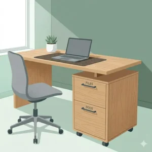 A compact and functional wood desk with file cabinet designed for small office spaces.