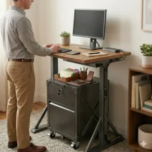 Industrial style home office decor featuring a dark wood standing desk with file cabinet made of metal.