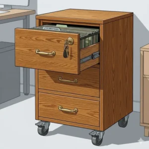 Mobile home office filing cabinets wood equipped with heavy-duty wheels for easy office reconfiguration.