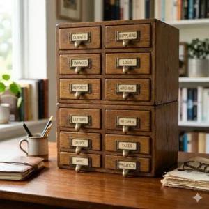 Illustration 5: Two units of small wooden filing drawers stacked vertically to save space in a home study.