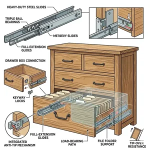 Technical diagram of a dresser with file cabinet highlighting the heavy-duty ball-bearing drawer glides.