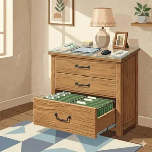 Functional bedroom dresser with file cabinet that provides dual storage for clothes and office documents.