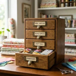 Illustration 6: Small wooden filing drawers used in a craft room for storing sewing supplies and scrapbooking materials.