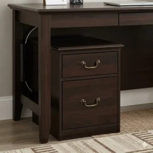 A small dark wood filing cabinet 2 drawer tucked neatly under a matching executive desk.