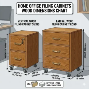 Technical sizing and dimensions guide for various styles of home office filing cabinets wood.