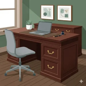 A classic executive-style dark wood desk with file cabinet for a formal study room.