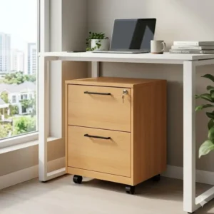 A compact wood two drawers file cabinet placed conveniently under a white office desk.
