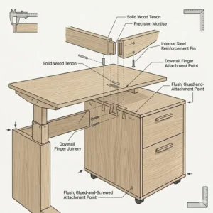 Detailed view of the solid wood grain and premium construction of a desk and matching file cabinet.