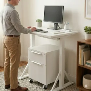 A clean minimalist aesthetic featuring an all-white standing desk with file cabinet on wheels.