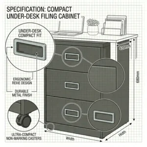 A compact 3 drawer office filing cabinet designed to fit perfectly under a standard executive desk.