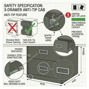 A safety diagram demonstrating the gravity-based anti-tip mechanism of a 3 drawer office filing cabinet.