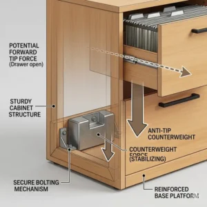 Technical drawing explaining the anti-tip safety mechanism of a two drawers file cabinet.
