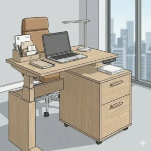 A fully decorated executive office view with a laptop and lamp on a desk and matching file cabinet.