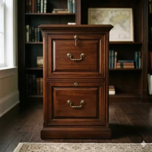 Traditional dark wood filing cabinet 2 drawer in mahogany with antique brass handles.