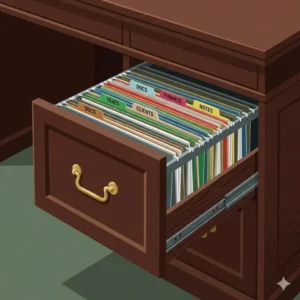 A detailed view of an open drawer in a wood desk with file cabinet showing organized folders.