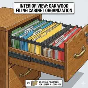 Interior view of home office filing cabinets wood showing adjustable rails and hanging folder organization.
