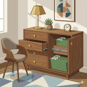 Mid-century modern dresser with file cabinet with tapered legs and a hidden lateral file compartment.