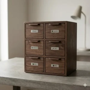 Illustration 7: Minimalist dark walnut small wooden filing drawers with a sleek, handle-less design for a modern interior.