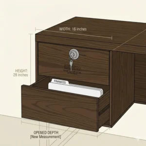 A well-organized dark wood 2 drawer file cabinet used for sorting tax papers and home office files.