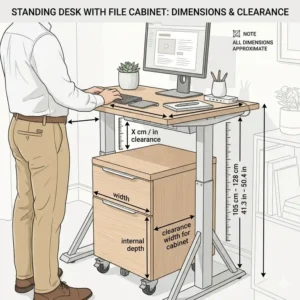 A technical drawing showing the measurement and clearance of a standing desk with file cabinet setup.