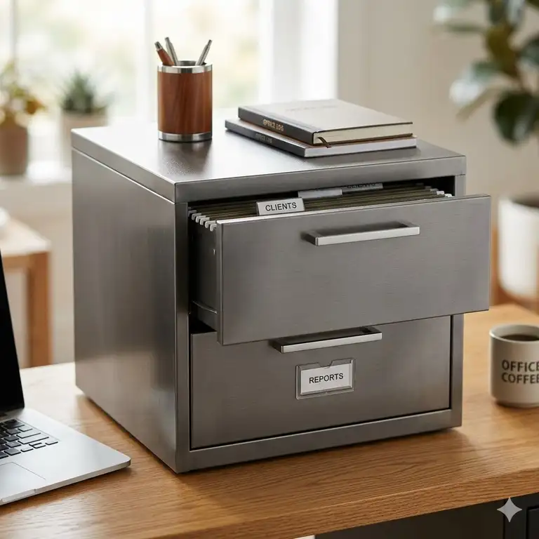 A modern metal desktop file cabinet with two drawers sitting on a wooden office desk next to a laptop.