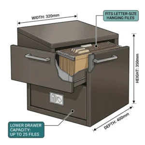 Illustration showing the interior dimensions and hanging folder capacity of a compact desktop file cabinet.