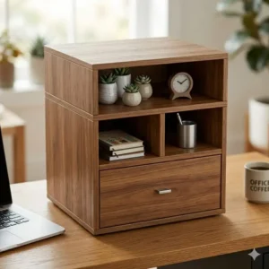 A three-tier wooden desktop file cabinet illustration featuring open shelving and a bottom document drawer.