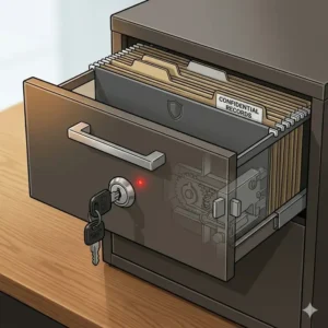 Illustration of a desktop file cabinet with a built-in lock and key for securing sensitive documents.