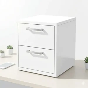 A minimalist white desktop file cabinet designed to blend into a bright, contemporary home office.