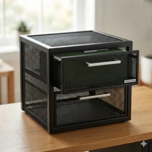 Detailed illustration of a black steel mesh desktop file cabinet showing reinforced edges and breathable sides.