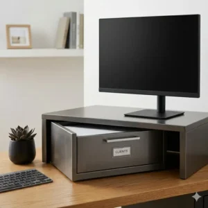 Illustration of a small-scale desktop file cabinet tucked under a monitor stand to maximize desk space.